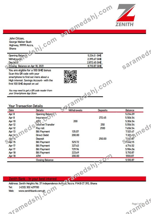 Ghana Zenith proof of address bank statement